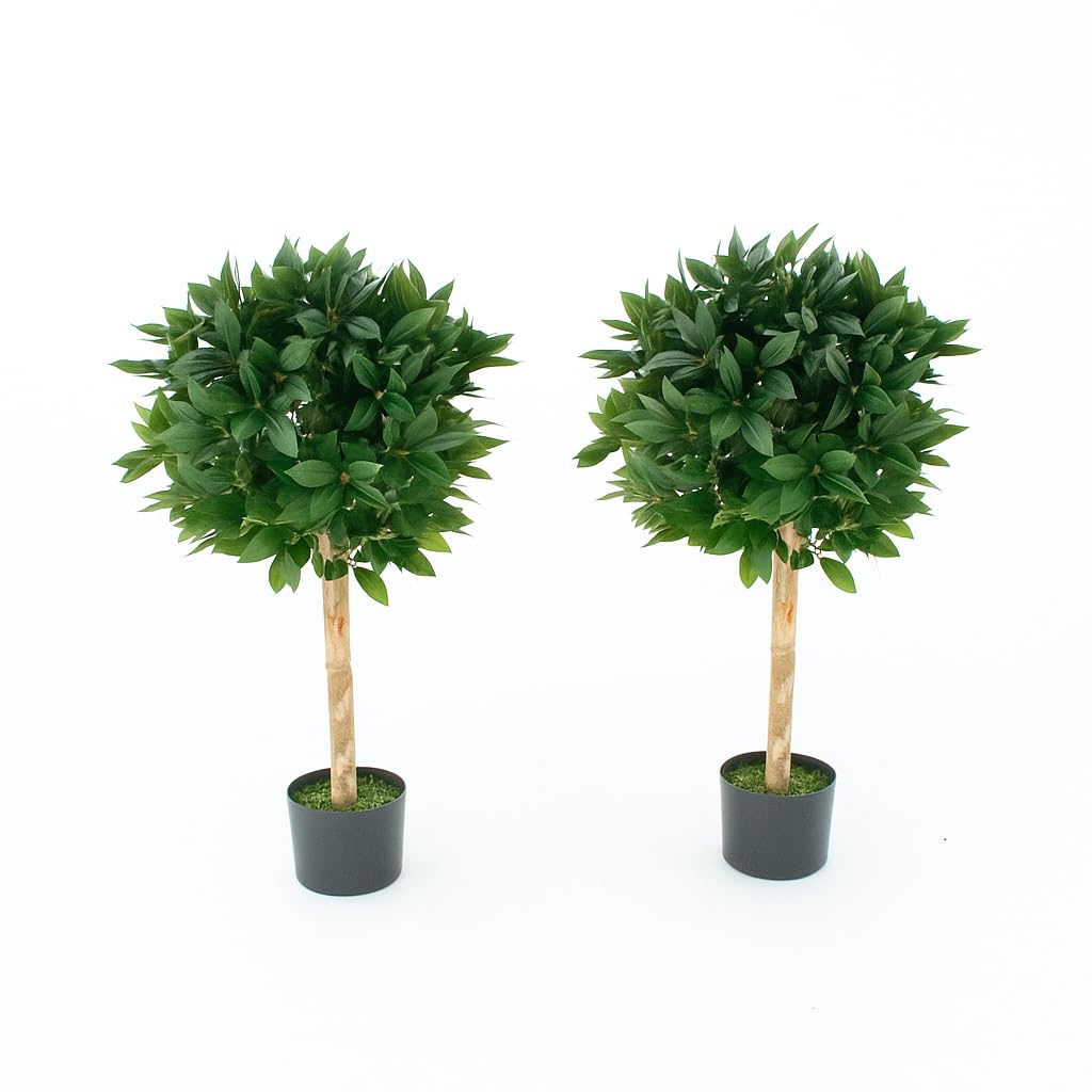 Artificial Bay Trees Set of 2, 4ft Topiary with Real Wood Trunk, UV Protected, Indoor/Outdoor 