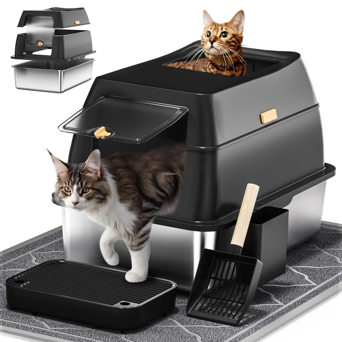 Stainless Steel Cat Litter Box with Hood, Front Entry, Extra Large + Scoop & Mat