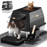 Stainless Steel Cat Litter Box with Hood, Front Entry, Extra Large + Scoop & Mat