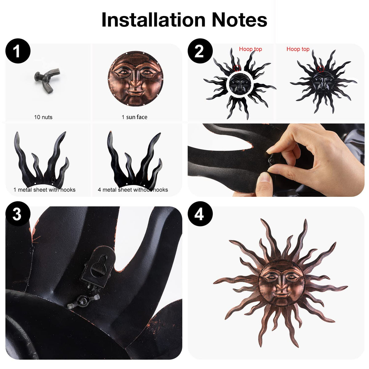 Large Metal Sun Wall Art Decor- 30 inches Sun Wall Hanging Bronze Decoration for Indoor Outdoor