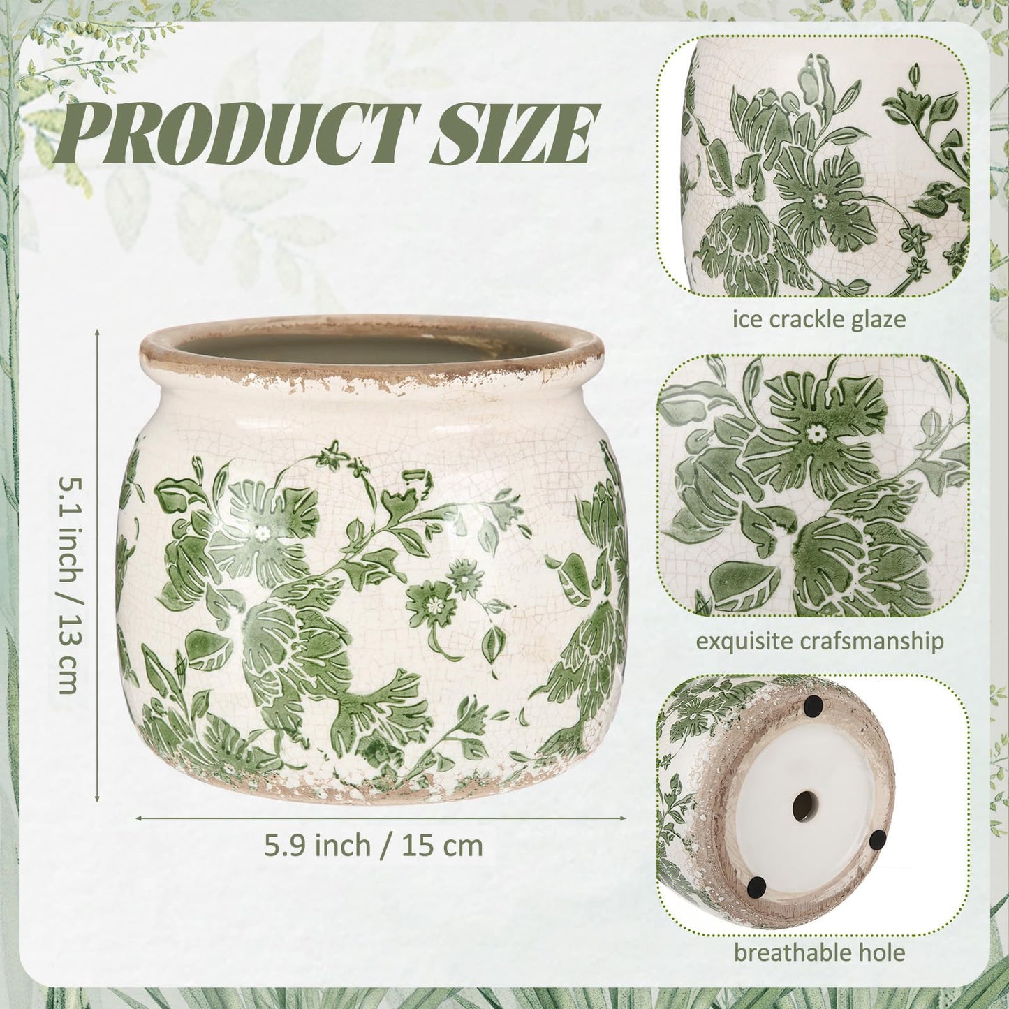 Vintage Large Ceramic Planter Pot Beige Green Flower Vase