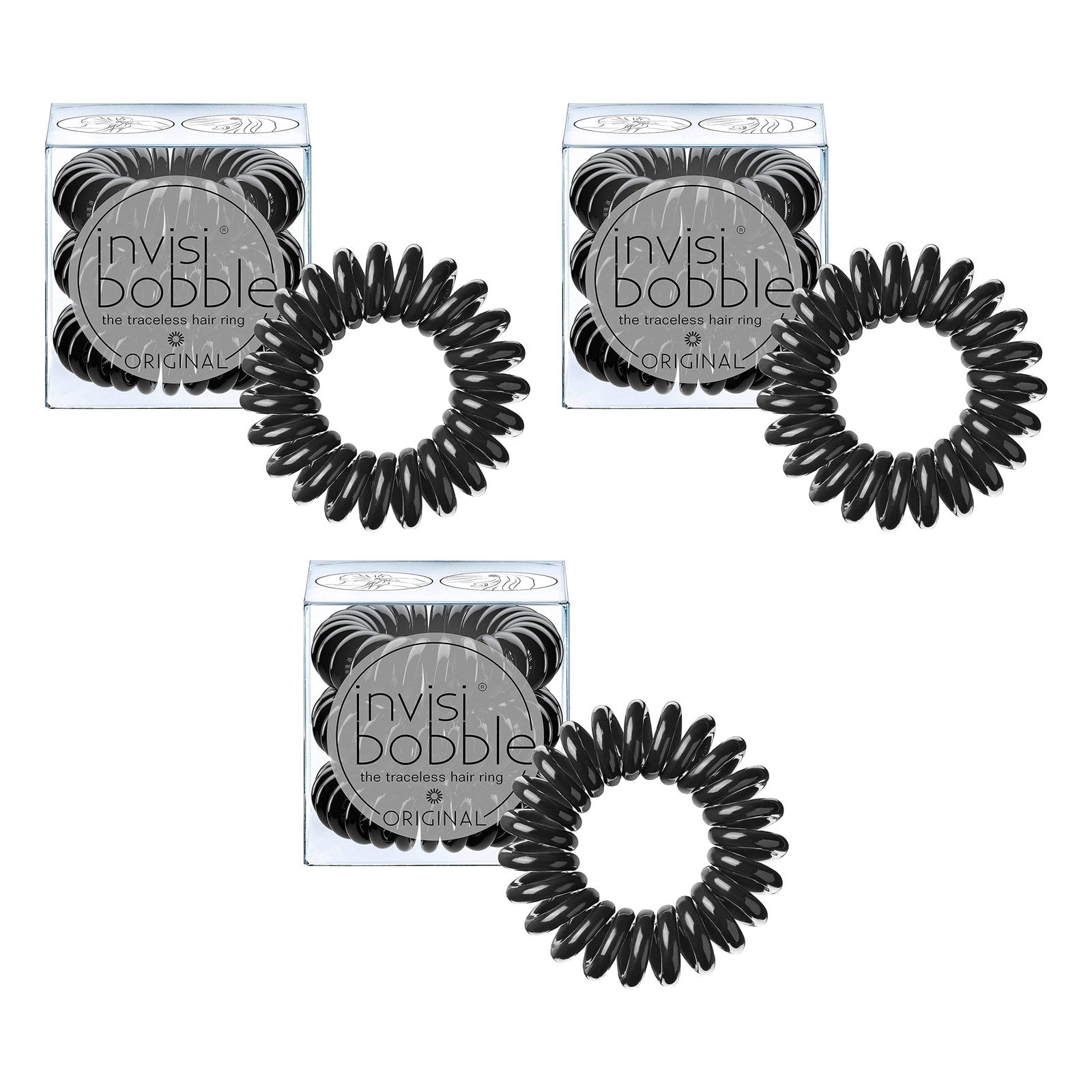 INVISIBOBBLE Original Black Spiral Hair Tie 3x3 Pack Traceless Strong Hold Hair Rings