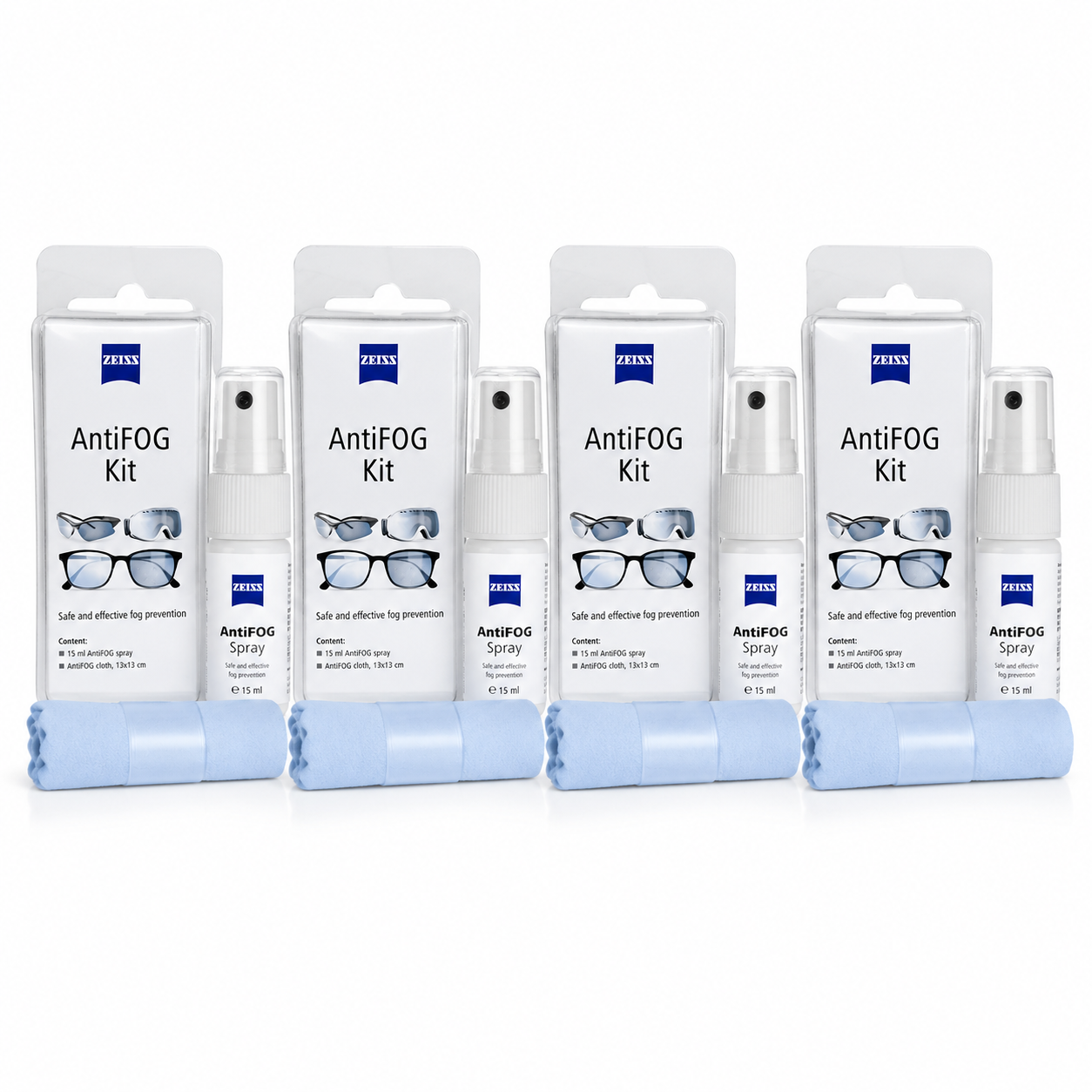 ZEISS Anti-Fog Kit 4x Pack 15ml Spray + Cloth De-Misting Treatment for Glasses, Photo Lens & Cameras