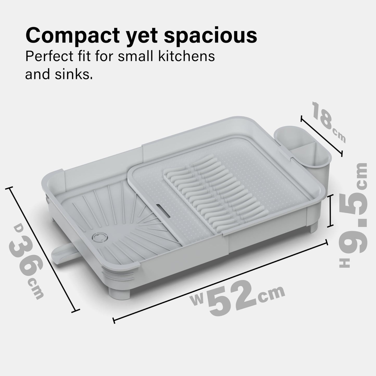 Extendable Dish Drainer Rack with Cutlery Holder in Grey by Vivo, Fits all Sinks