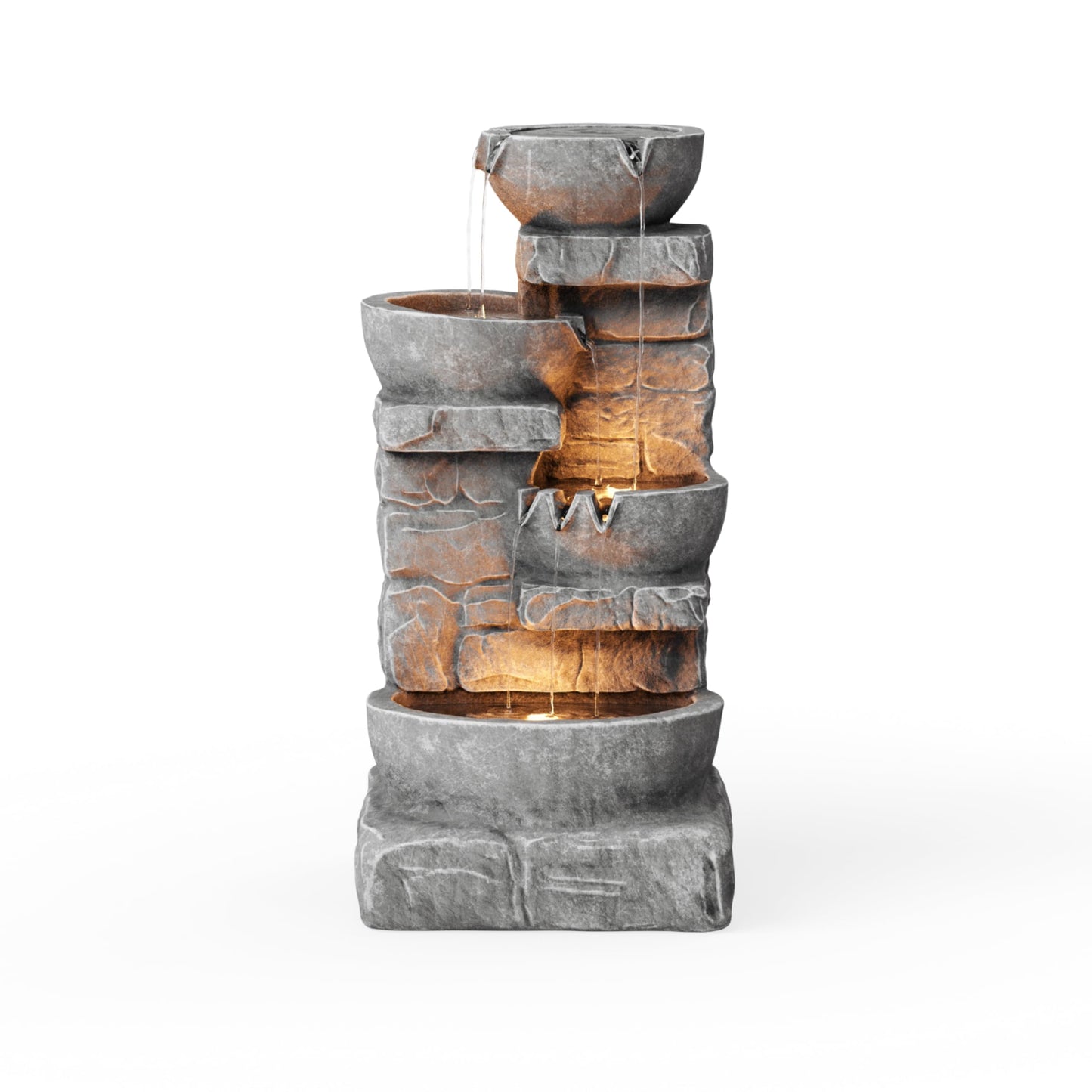 Cascading Bowls & Stacked Stone Outdoor Water Fountain with LED Light in Grey