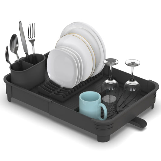 Extendable Dish Drainer Rack with Cutlery Holder - Black, Vivo Technologies