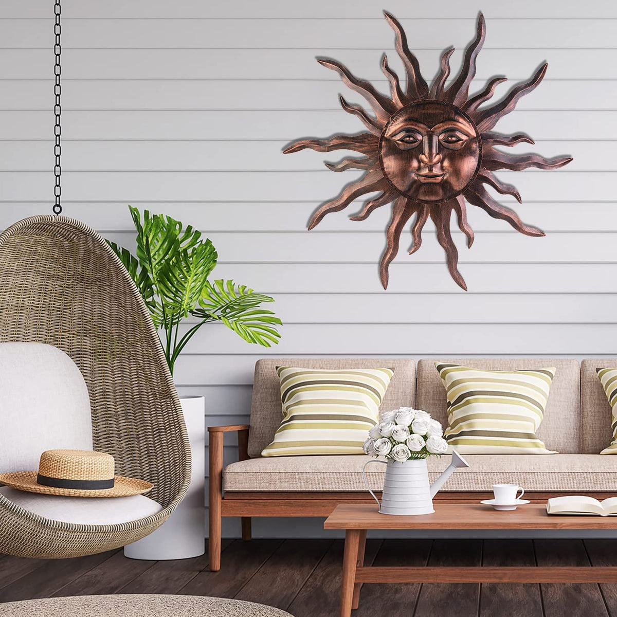 Large Metal Sun Wall Art Decor- 30 inches Sun Wall Hanging Bronze Decoration for Indoor Outdoor