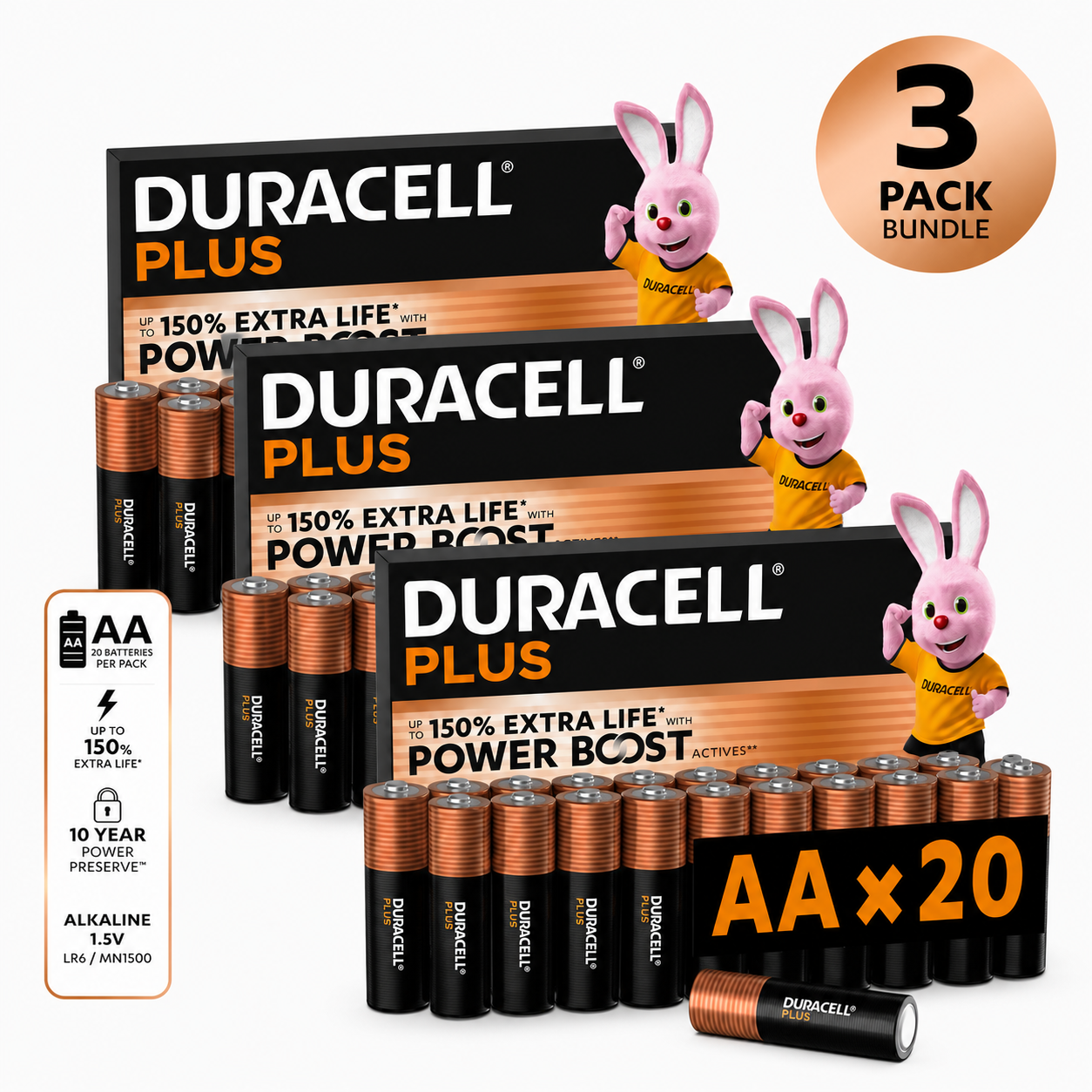 Duracell Plus AA Alkaline Batteries 60 Pack - Power Boost, 150% Extra Life