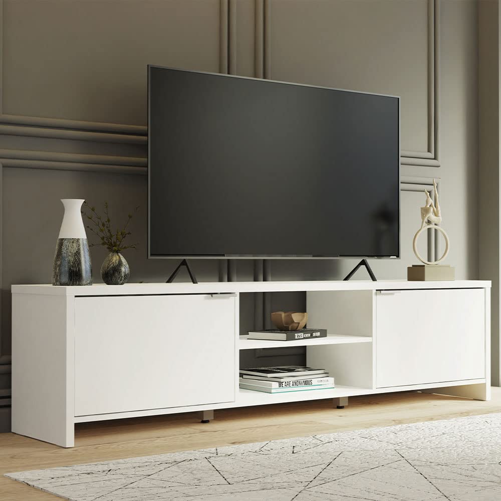 TV Stand Large Media Console with Cable Management for 65, 75 Inch Media Storage Gaming Living Room Entertainment Center Wooden Television Cabinet - White