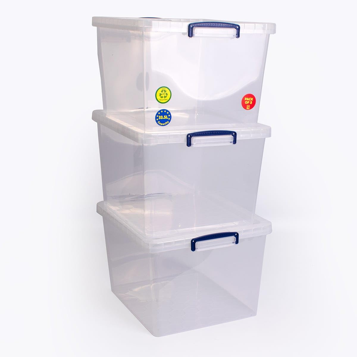 Really Useful Box 33.5 Litre Pack of 3, Clear Plastic Storage Container with Clip Handles & Lid