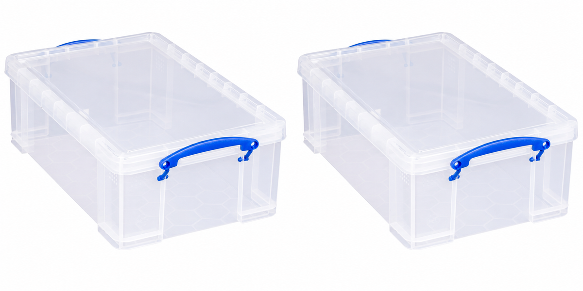 Really Useful Box 12 Litre Pack of 2, Clear Plastic Storage Container with Clip Handles & Lid