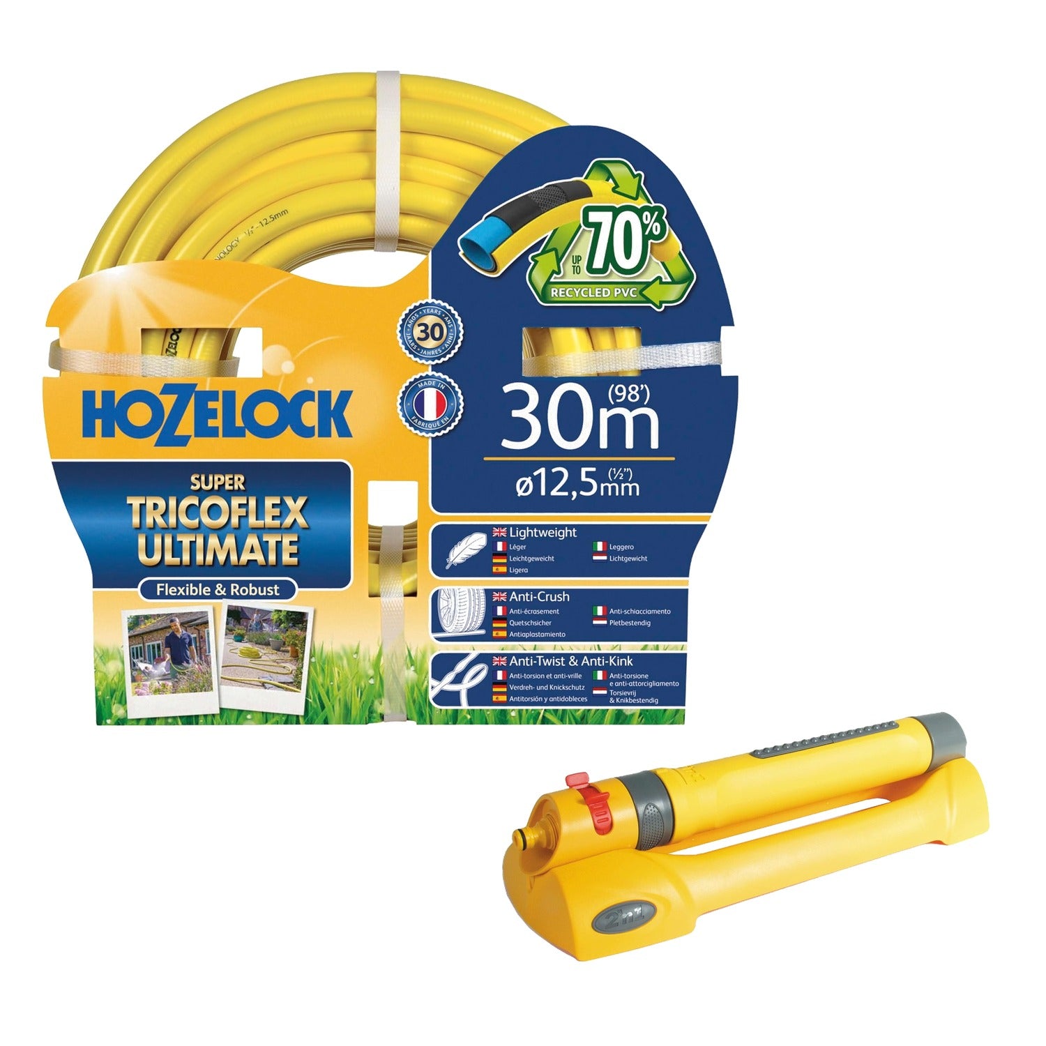 Hozelock Ultimate 30m Hose Pipe & Hozelock Oscillating Sprinkler Pro 200m Bundle Set