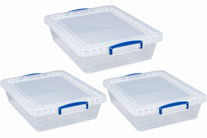 Really Useful Box 10.5 Litre Clear Plastic Storage Container 3x Pack with Clip Handles