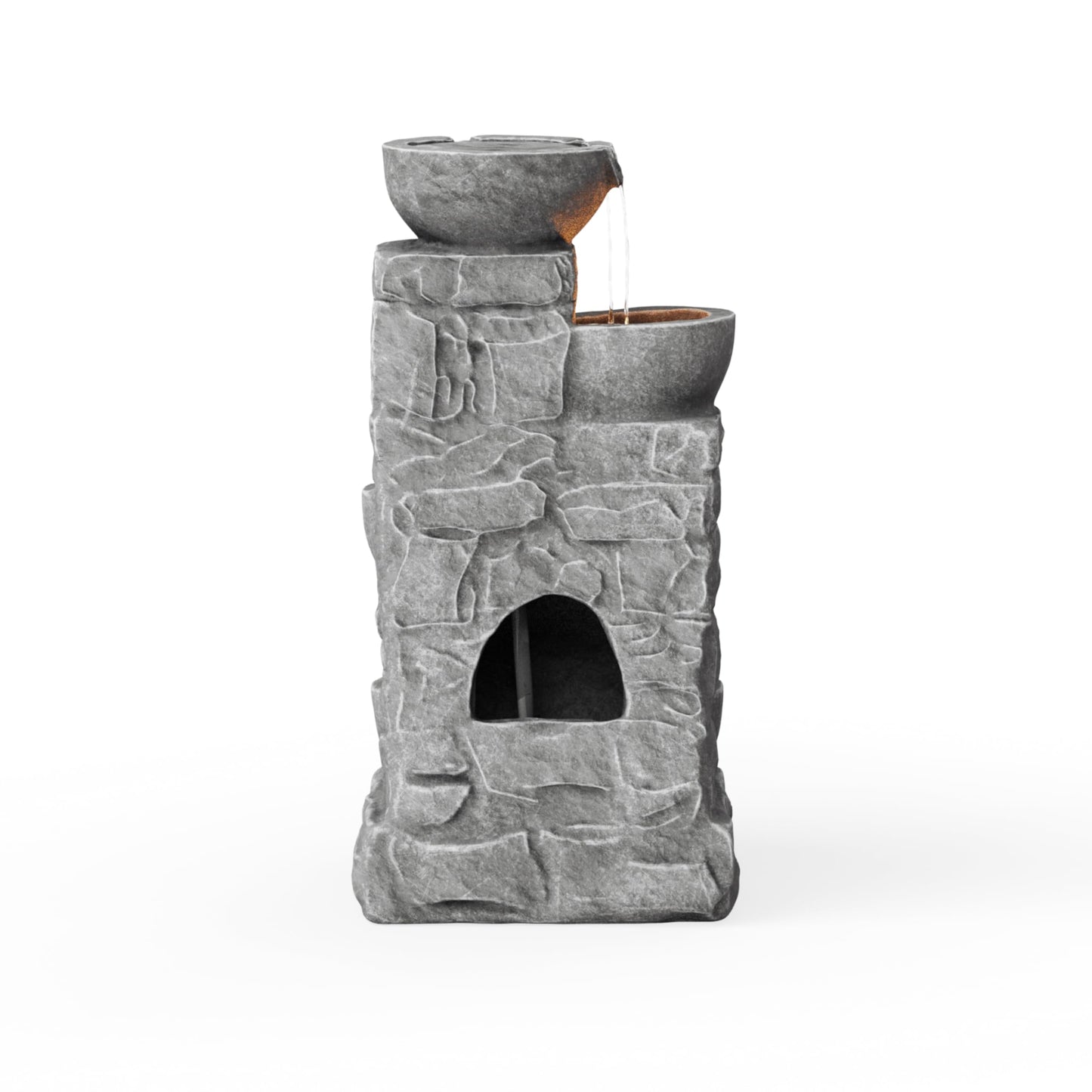 Cascading Bowls & Stacked Stone Outdoor Water Fountain with LED Light in Grey