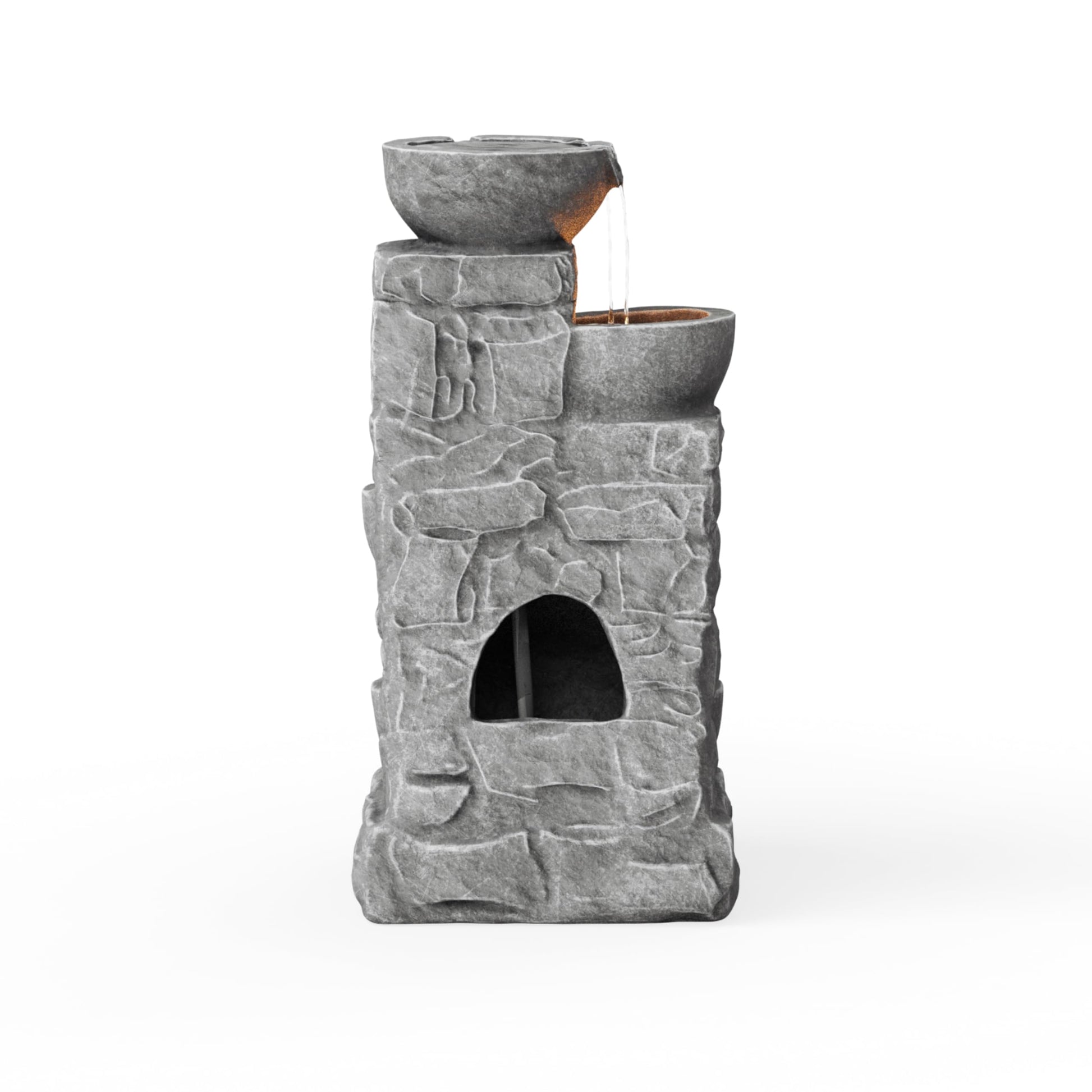 Cascading Bowls & Stacked Stone Outdoor Water Fountain with LED Light in Grey