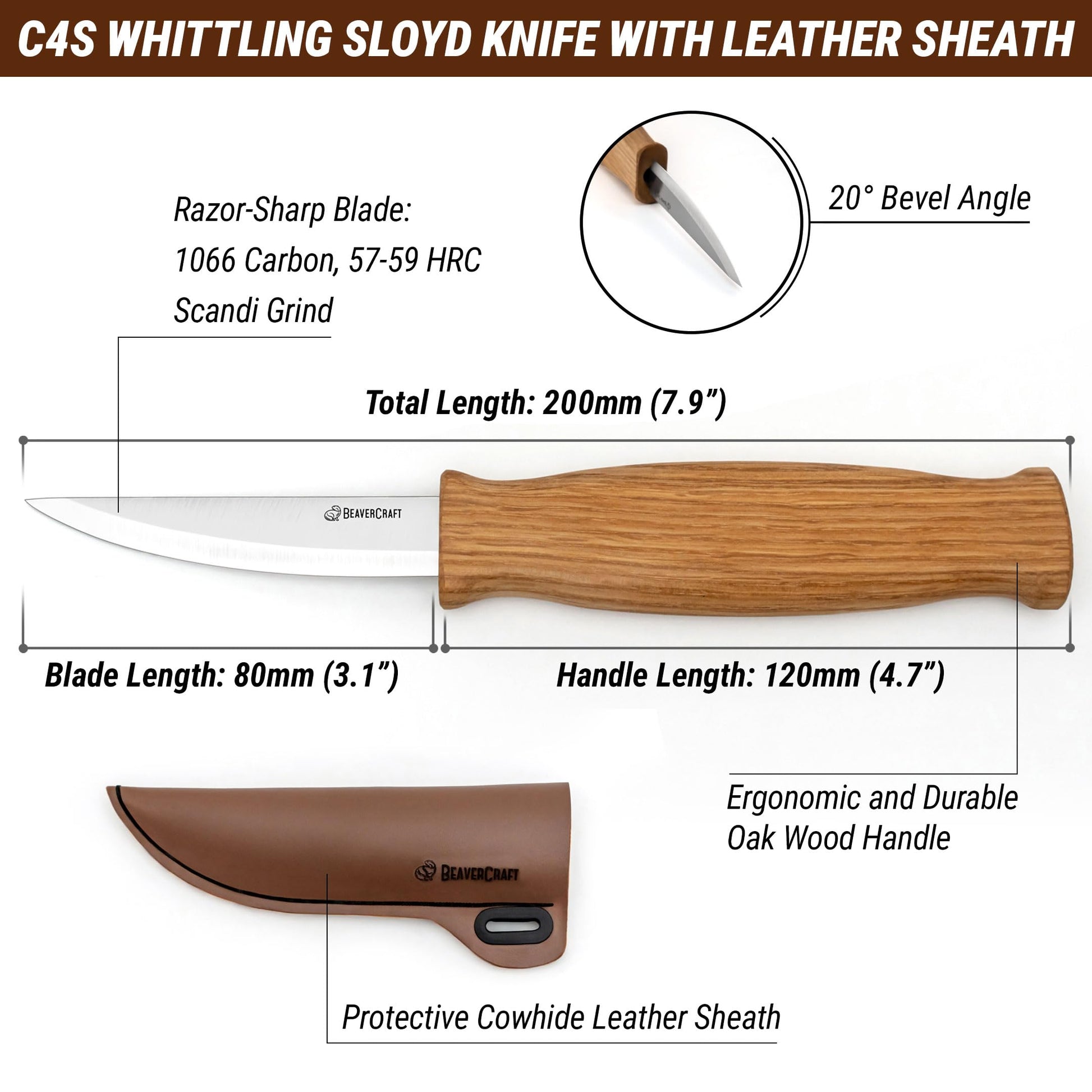 BeaverCraft Wood Carving Sloyd Knife C4s 8 cm - Whittling Knife with Leather Sheath for Carvers - Chip Wood Carving Tools for Beginner and Profi