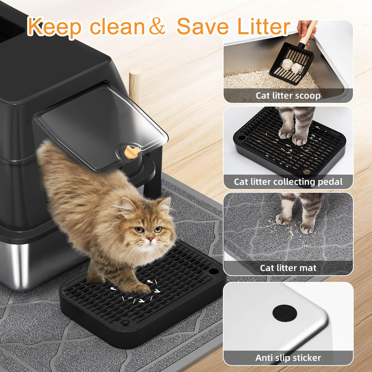 Stainless Steel Cat Litter Box with Hood, Front Entry, Extra Large + Scoop & Mat