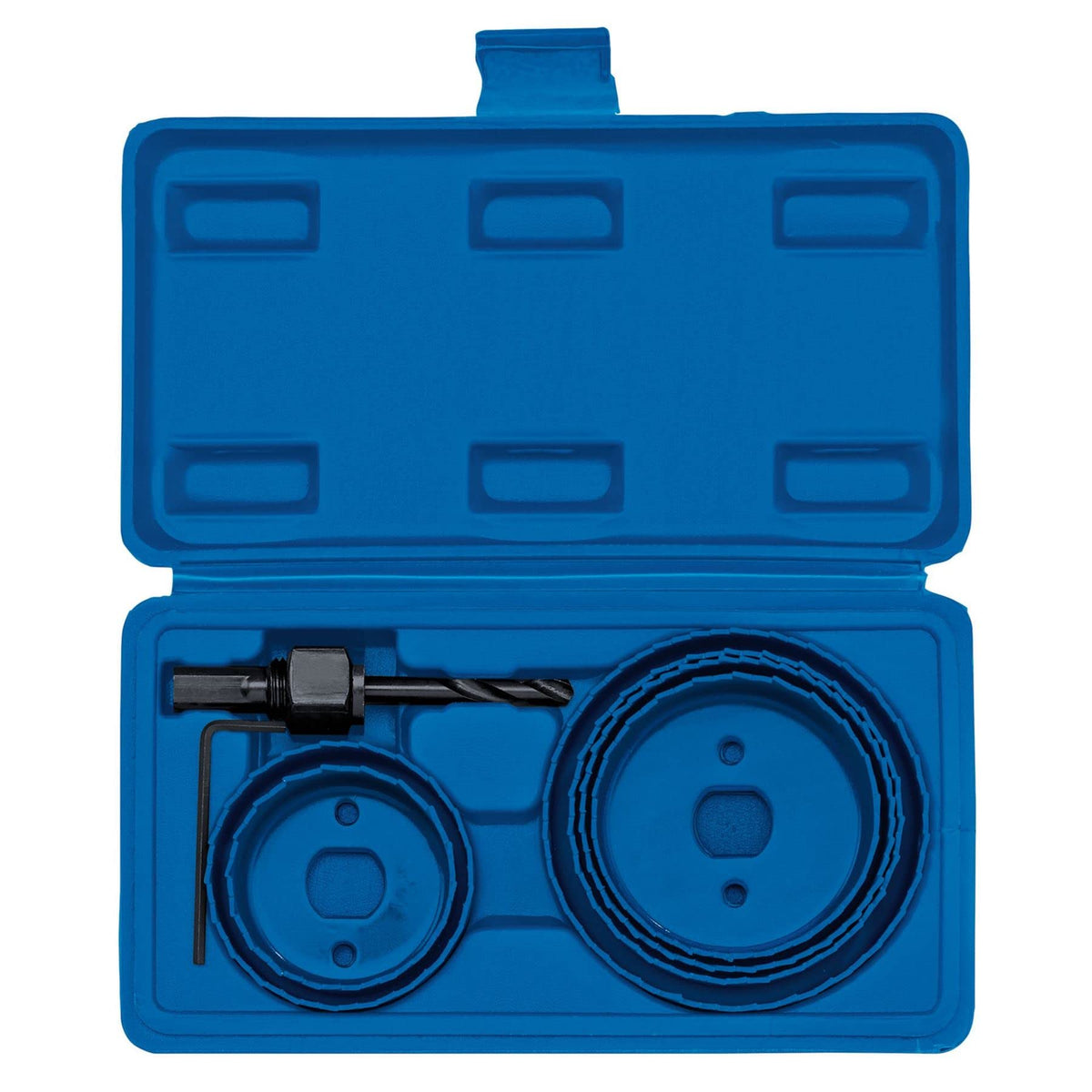 Draper 9-Piece Holesaw Kit for Downlights, Hole Cutter Set 51 to 86mm Carbon Steel Blades, HSS Pilot Drill, Hexagon Key - 89716