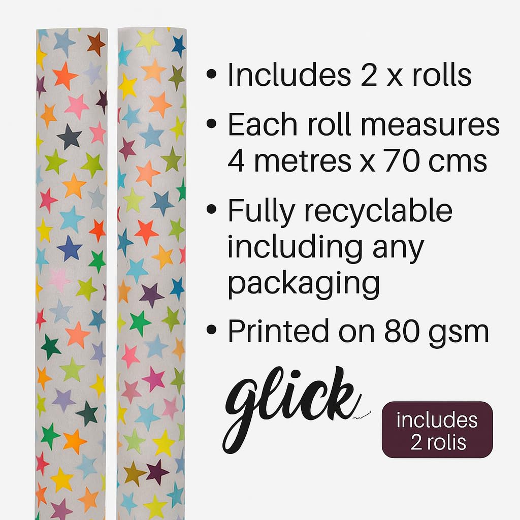 Glick 2 Pack Stars Wrapping Paper, 4m x 70cm, Multi-Coloured