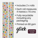 Glick 2 Pack Stars Wrapping Paper, 4m x 70cm, Multi-Coloured