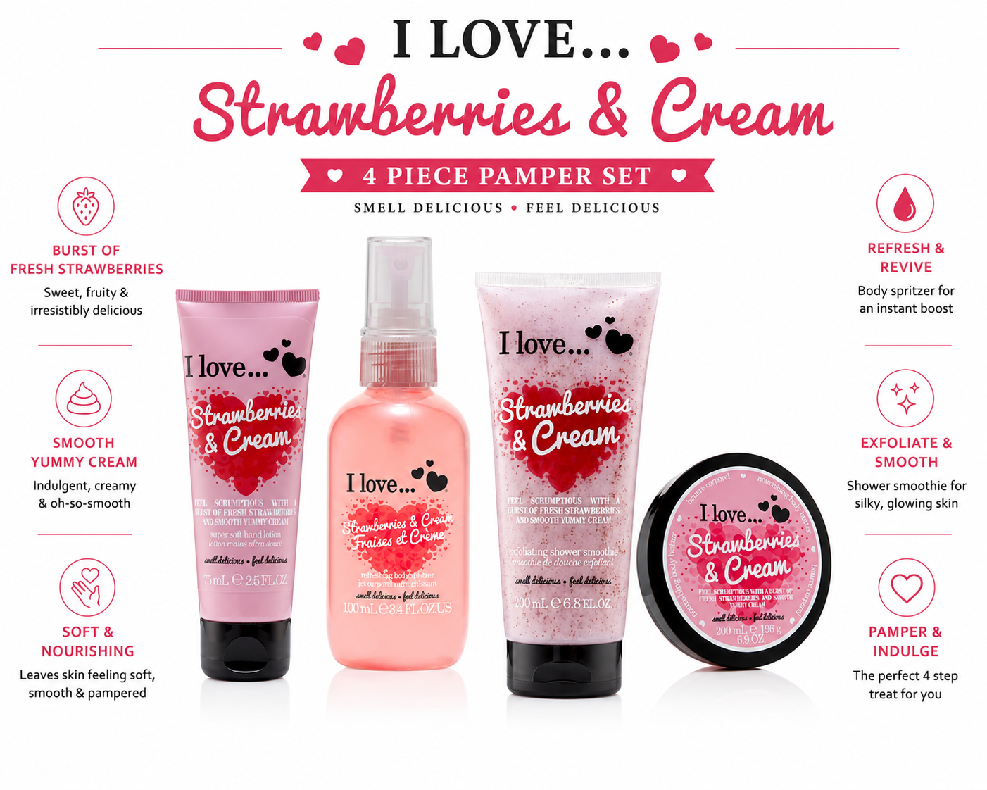 I LOVE Strawberries & Cream 4 Pack Bundle Super Soft & Fruity Pamper Body Care Set