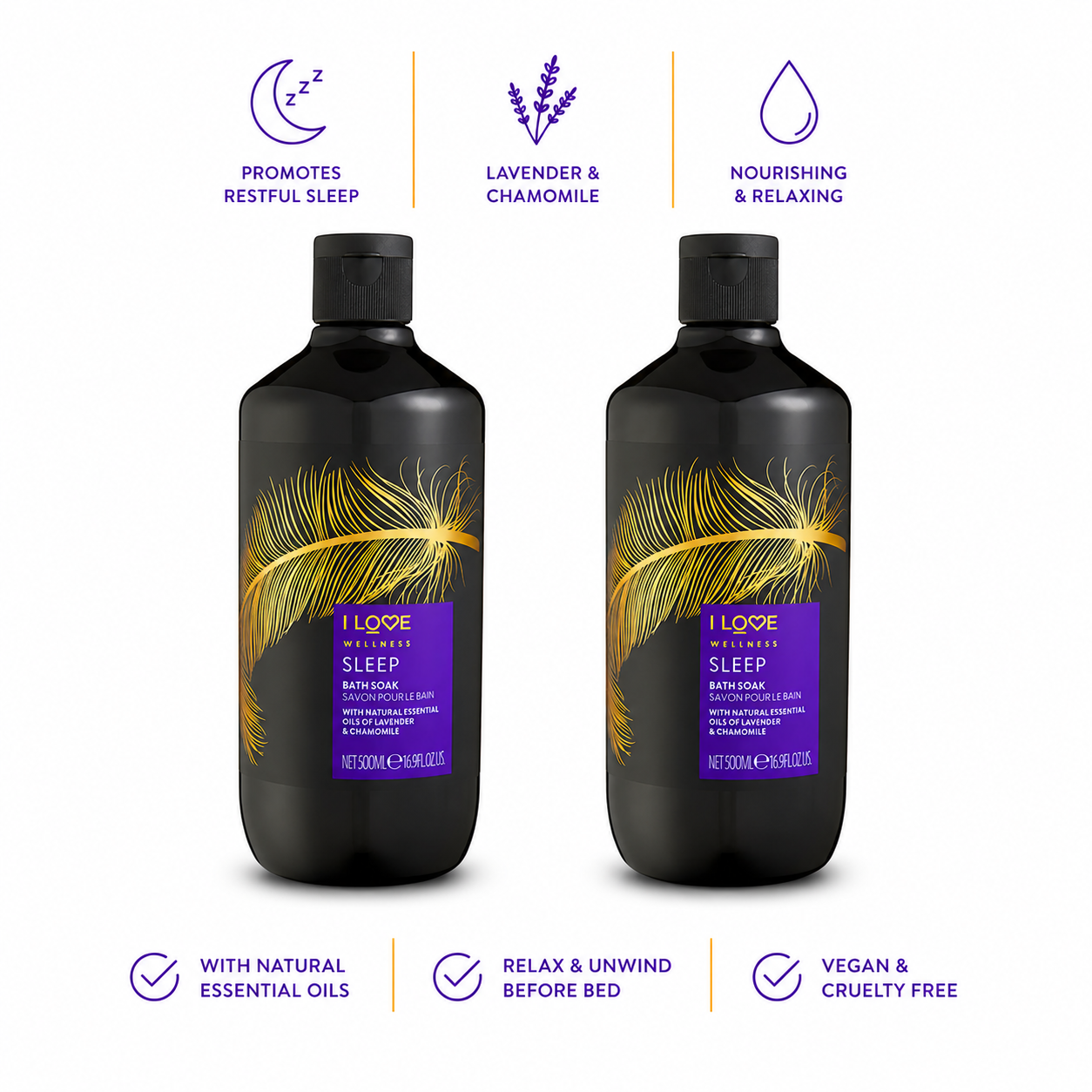 I LOVE Wellness Sleep Bath Soak 2x500ml Natural Essential Oils of Lavender & Chamomile