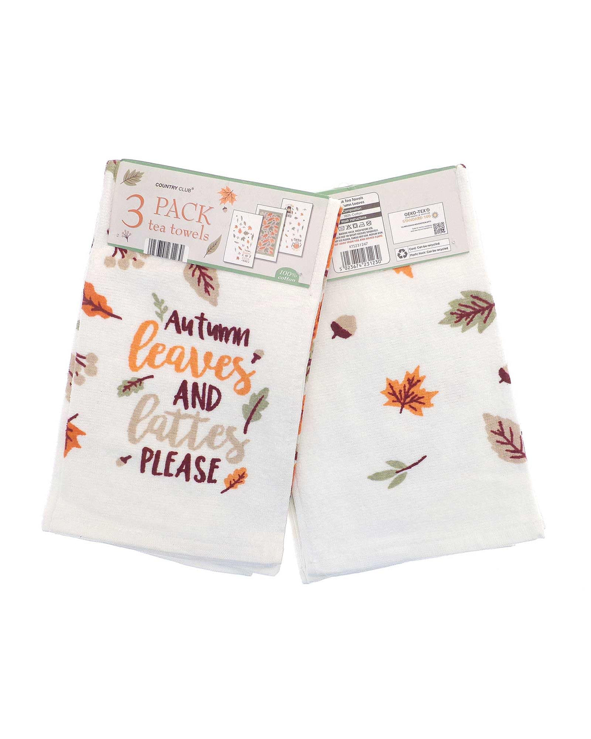 Country Club Autumn Leaves Cotton Tea Towels - Pack of 3