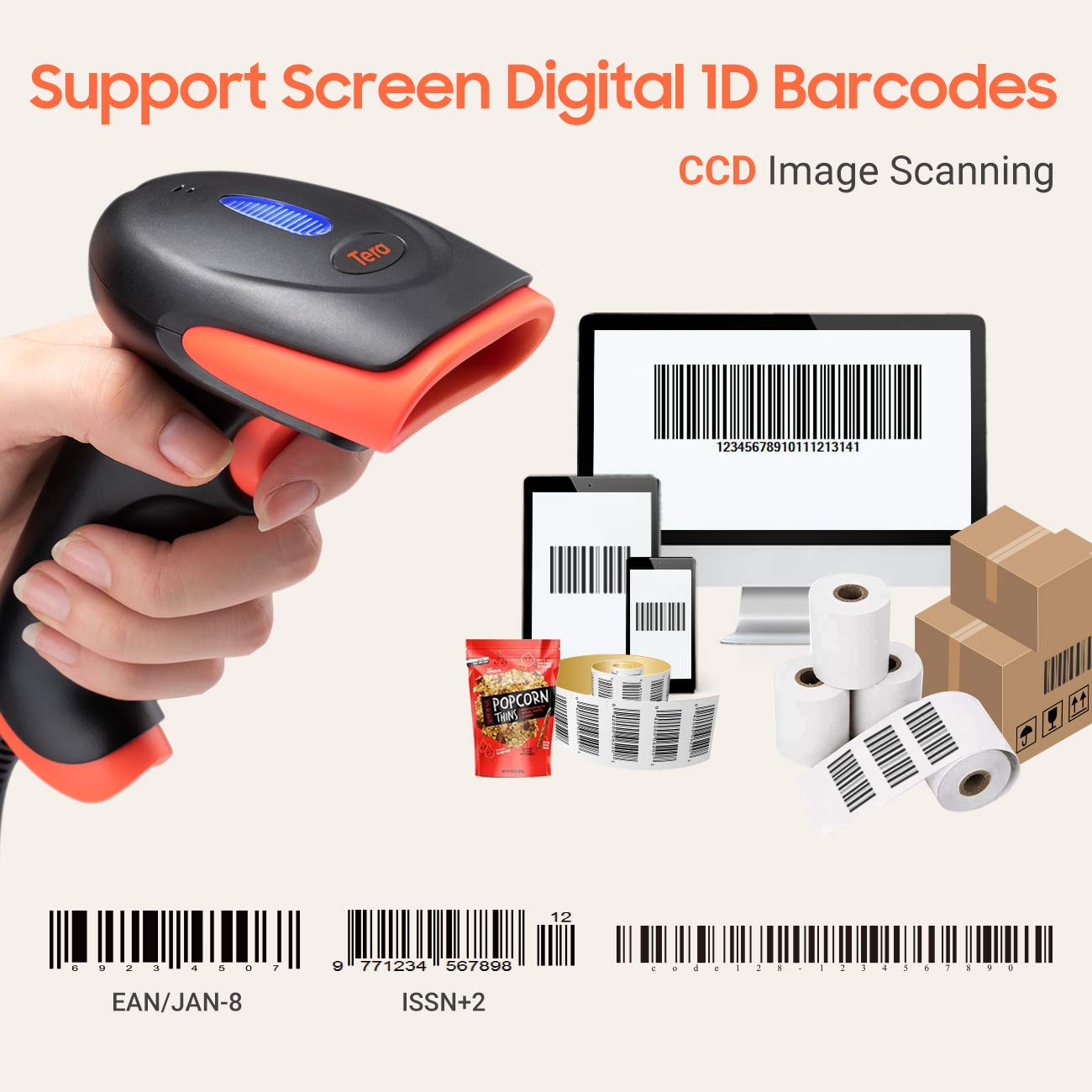 Tera Pro USB Wired 1D Barcode Scanner Fast & Precise