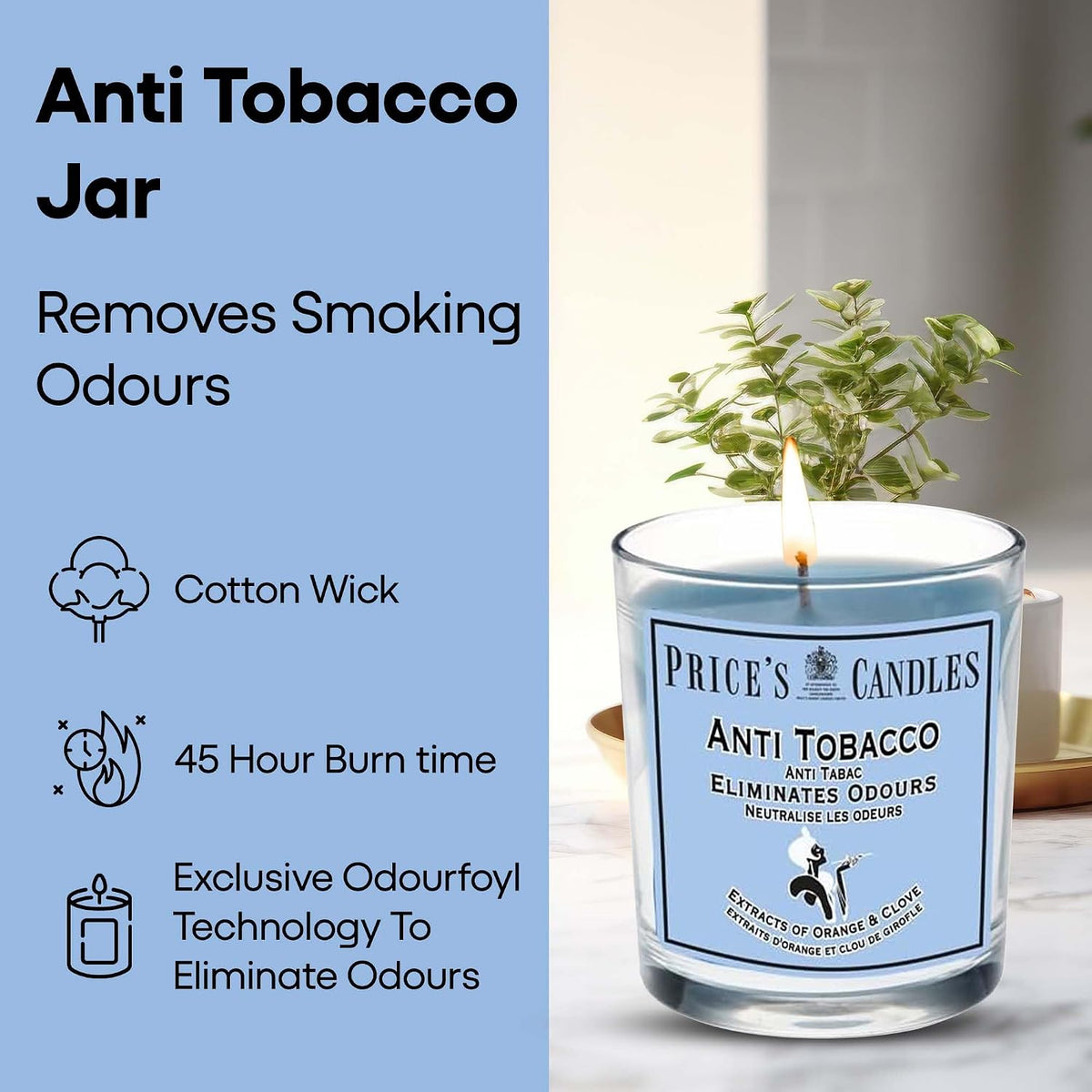 Price's Candles Set of 3 Fresh Air Odour Removing Jar Candles, Anti Tobacco