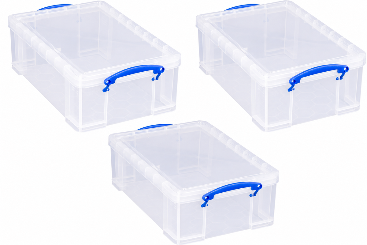 Really Useful Box 12 Litre Pack of 3, Clear Plastic Storage Container with Clip Handles & Lid