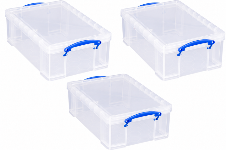 Really Useful Box 12 Litre Pack of 3, Clear Plastic Storage Container with Clip Handles & Lid