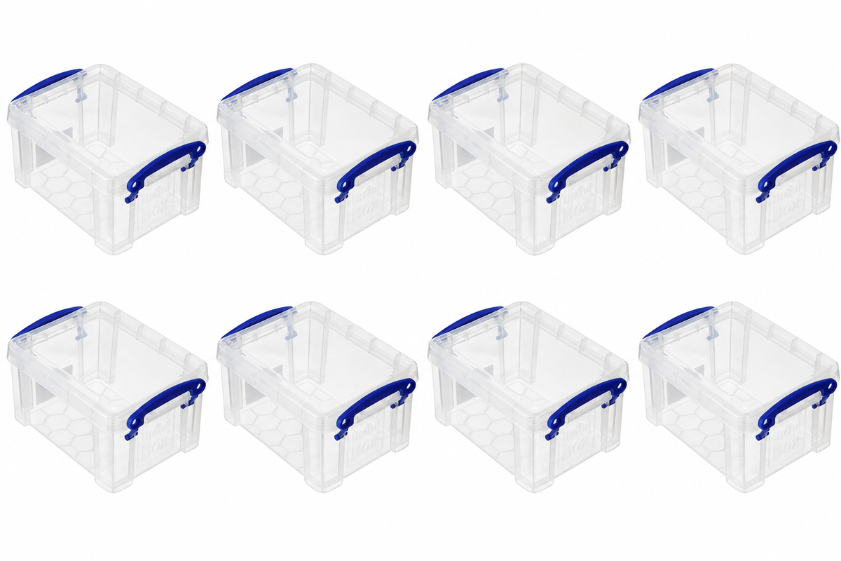 Really Useful Box 0.7 Litre Clear Plastic Storage Container 8x Pack with Clip Handles