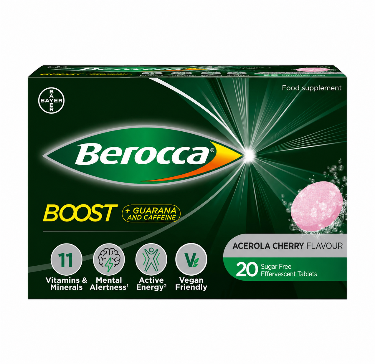 Berocca Boost Effervescent Tablets with Caffeine & Guarana, 60 Tablets - Acerola Cherry