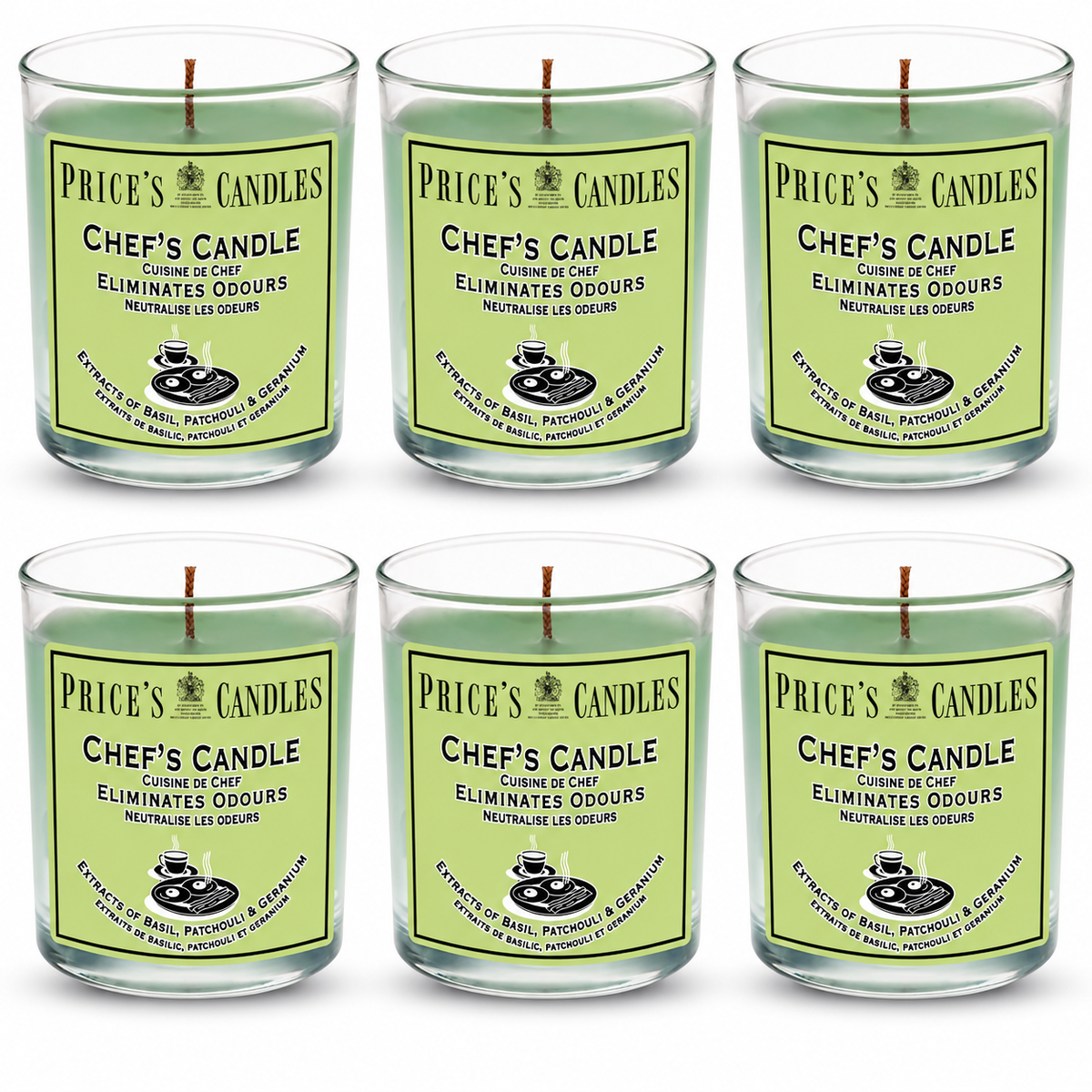 Price's Candles Set of 6 Fresh Air Odour Removing Jar Candles, Strong Chef