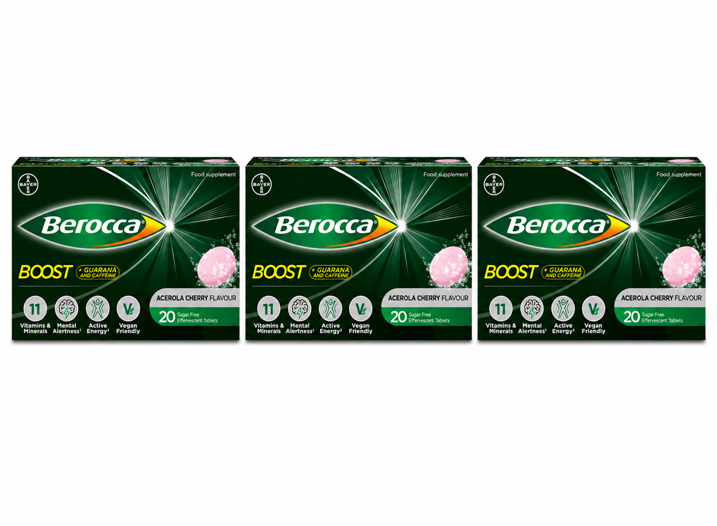 Berocca Boost Effervescent Tablets with Caffeine & Guarana, 60 Tablets - Acerola Cherry