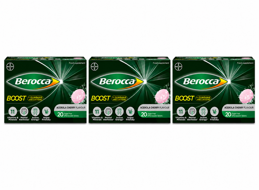 Berocca Boost Effervescent Tablets with Caffeine & Guarana, 60 Tablets - Acerola Cherry