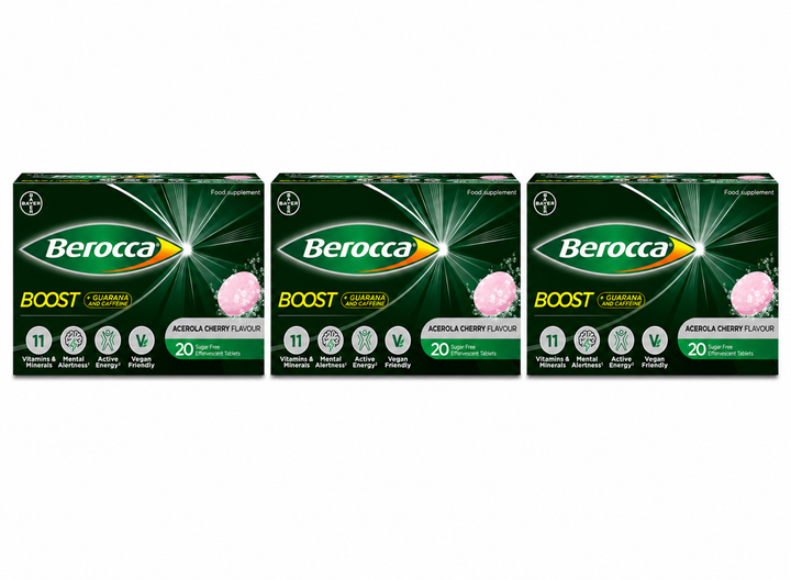 Berocca Boost Effervescent Tablets with Caffeine & Guarana, 60 Tablets - Acerola Cherry
