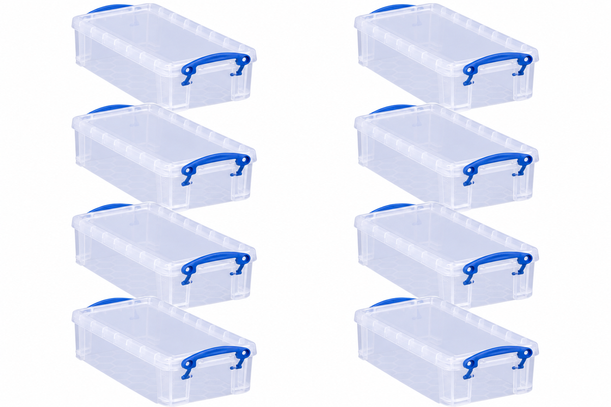 Really Useful Box 0.9 Litre Clear Plastic Storage Container 8x Pack with Clip Handles