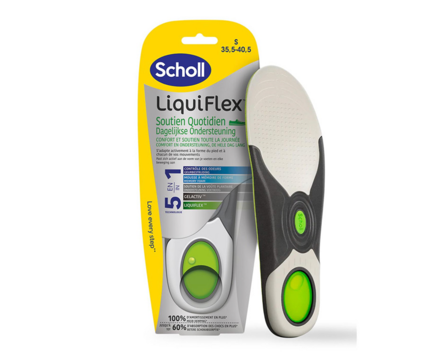Scholl LiquiFlex Everyday Insoles for Women, 5-in-1 Insoles with Memory Foam - UK Size S (3.5-7.5), 1 Pair