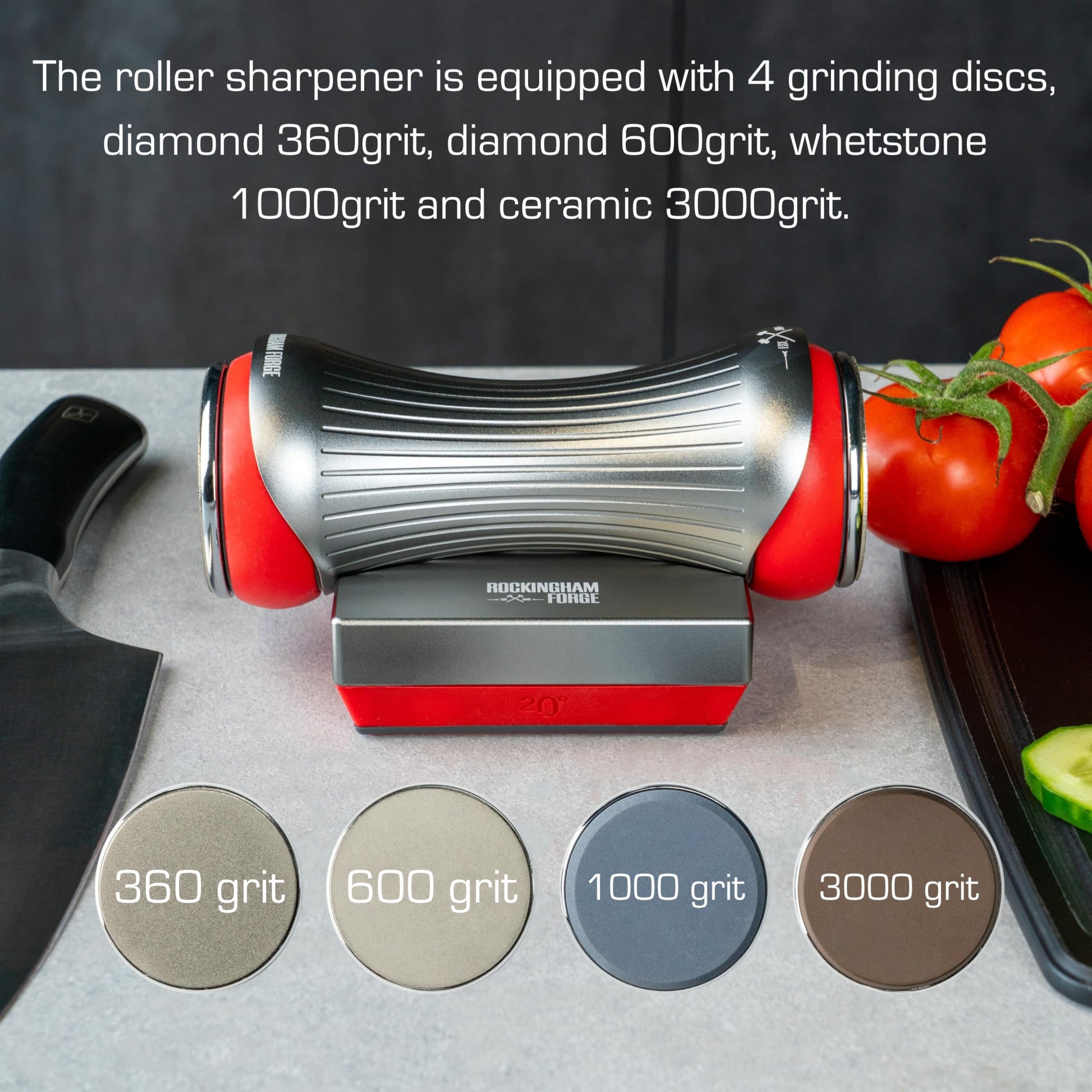 Rockingham Forge Roller Knife Sharpener with 4 Sharpening Discs - Sharpener for Coarse, Medium, Fine Grinding