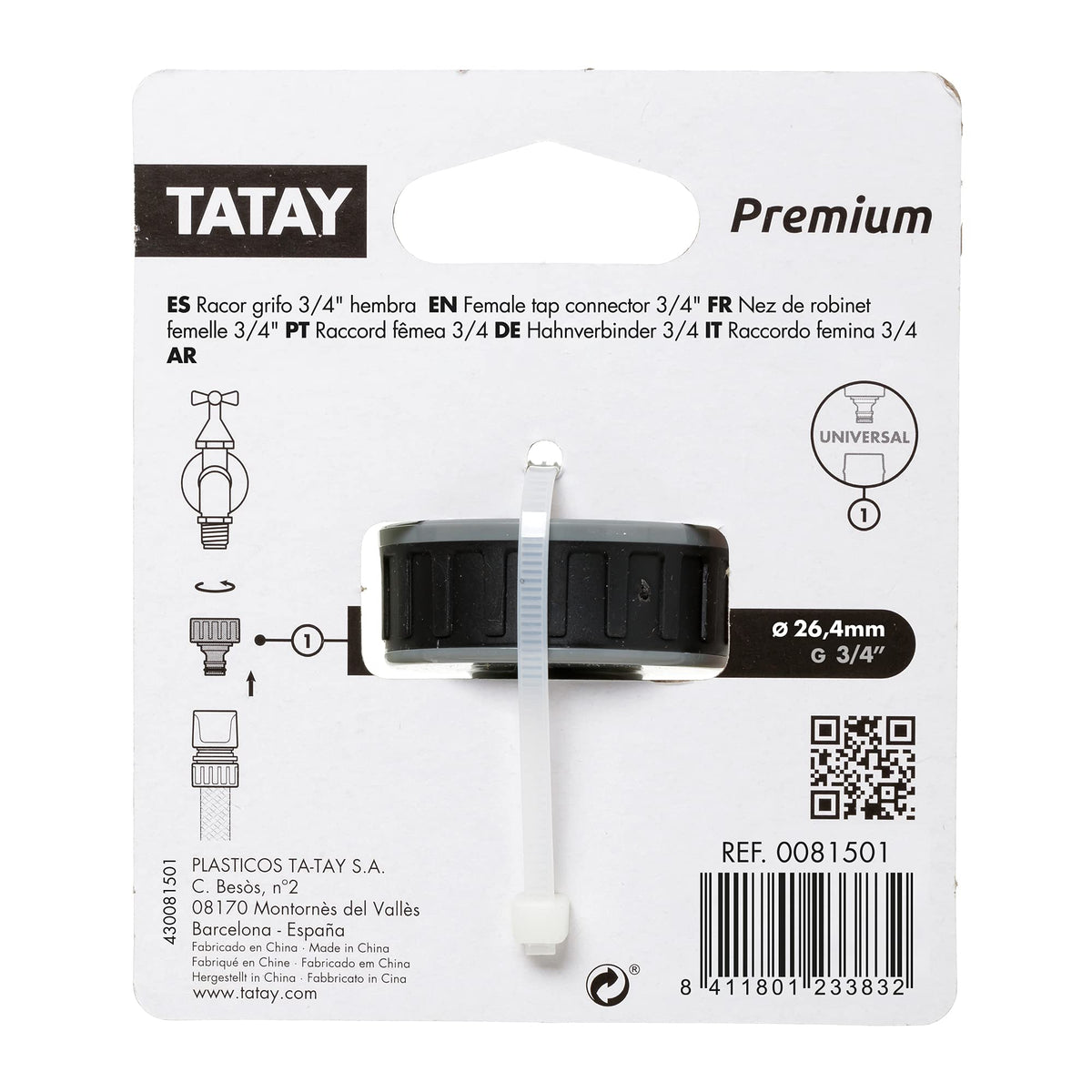 TATAY Garden Hose Female Tap Connector 3/4" Universal Grey-Black