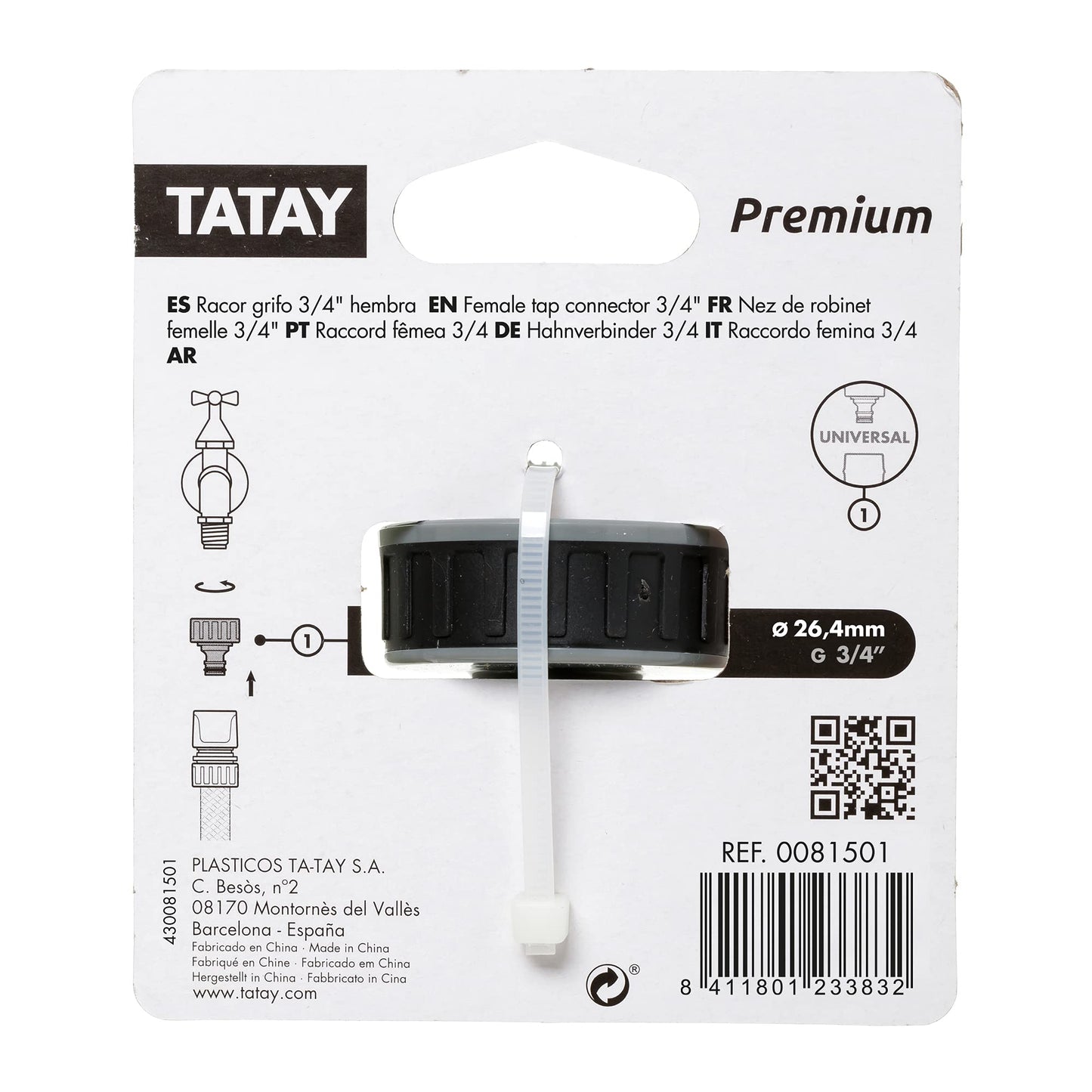 TATAY Garden Hose Female Tap Connector 3/4" Universal Grey-Black
