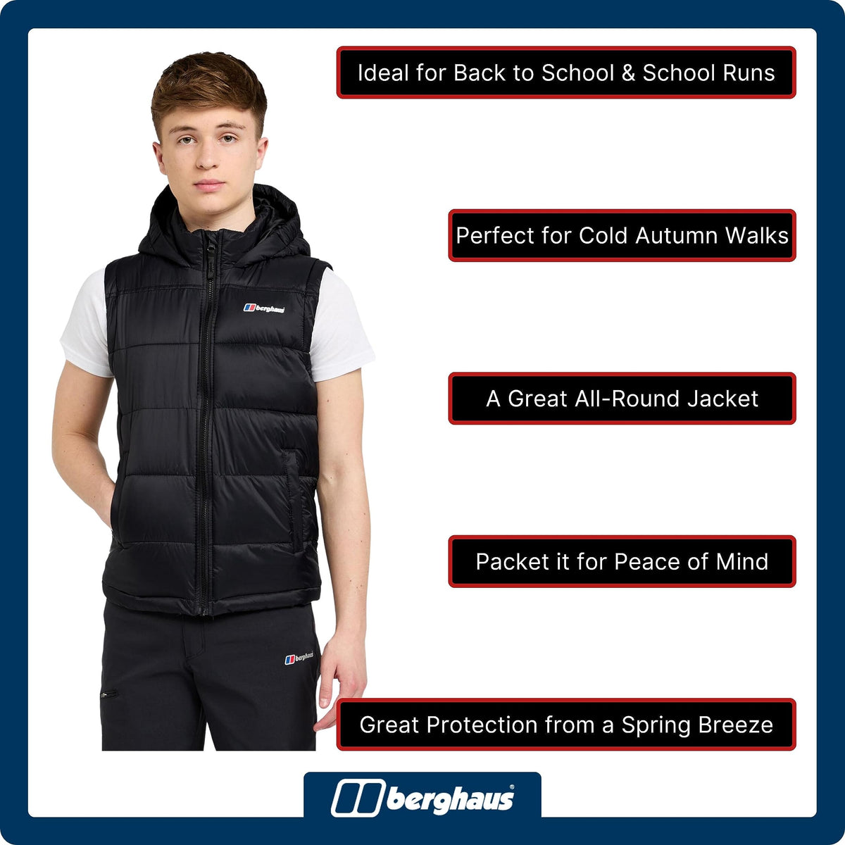 Berghaus Kid's 14-15yrs Burham Gilet with Hood, Water-Resistant Black Bodywarmer
