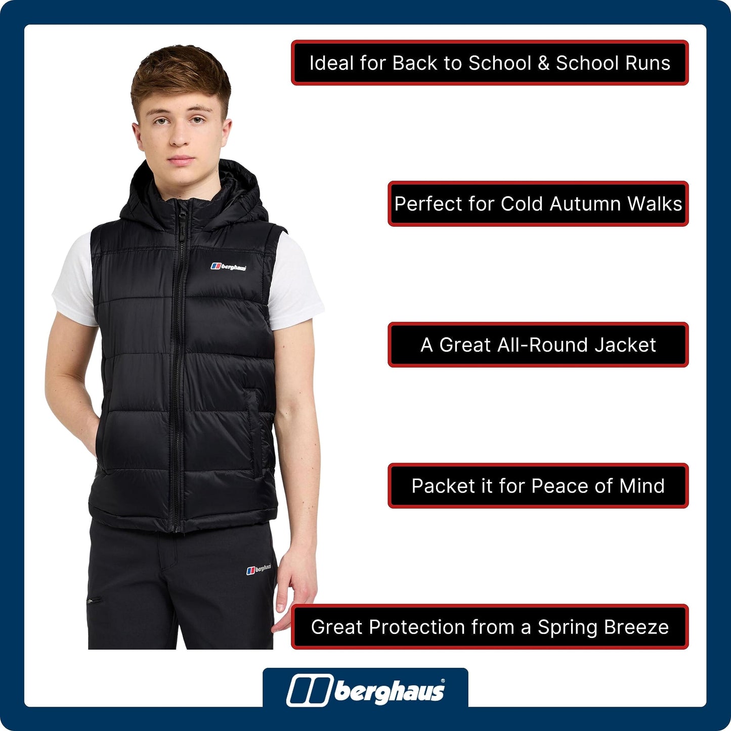 Berghaus Kid's 14-15yrs Burham Gilet with Hood, Water-Resistant Black Bodywarmer