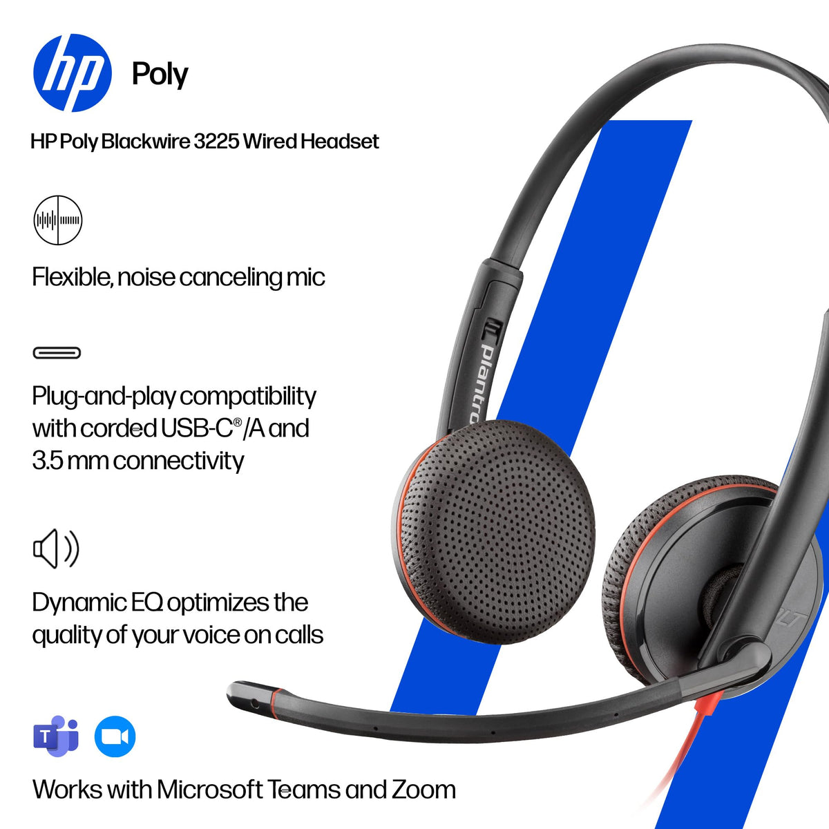 Poly Blackwire 3225 Wired Headset - Hi-Fi Stereo Sound - Noise-Canceling Mic - Connect to PC via USB-C to USB-A Adapter or 3.5mm Jack - Over-Ear Design - Works With Top Virtual Meeting Platforms