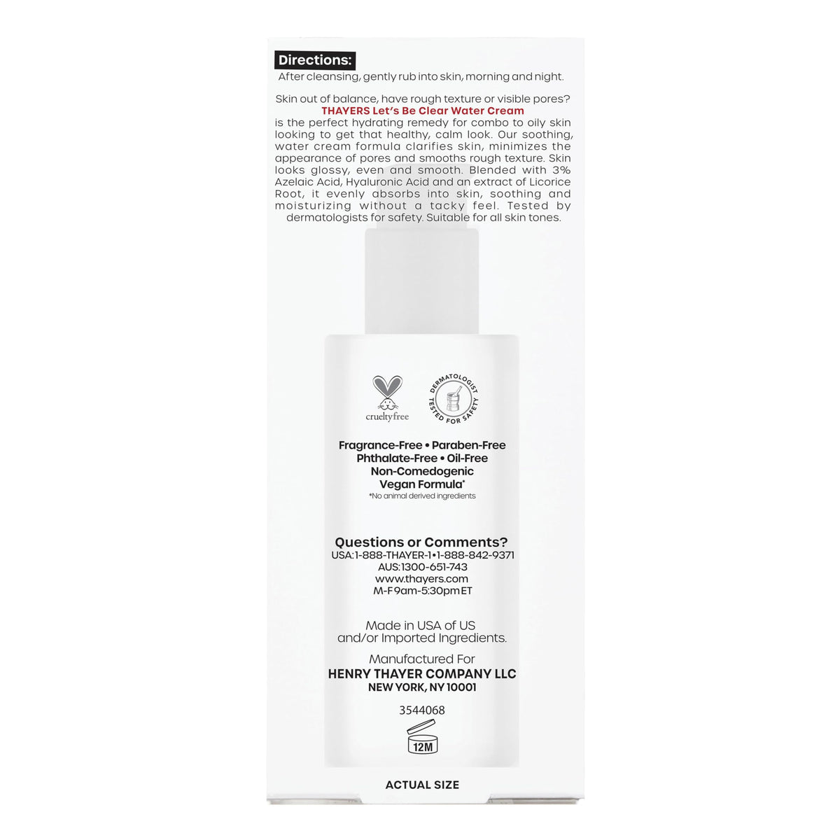 Thayers Let's Be Clear Water Cream Moisturiser 75ml Azelaic & Hyaluronic - Fragrance-Free & All Skin Types