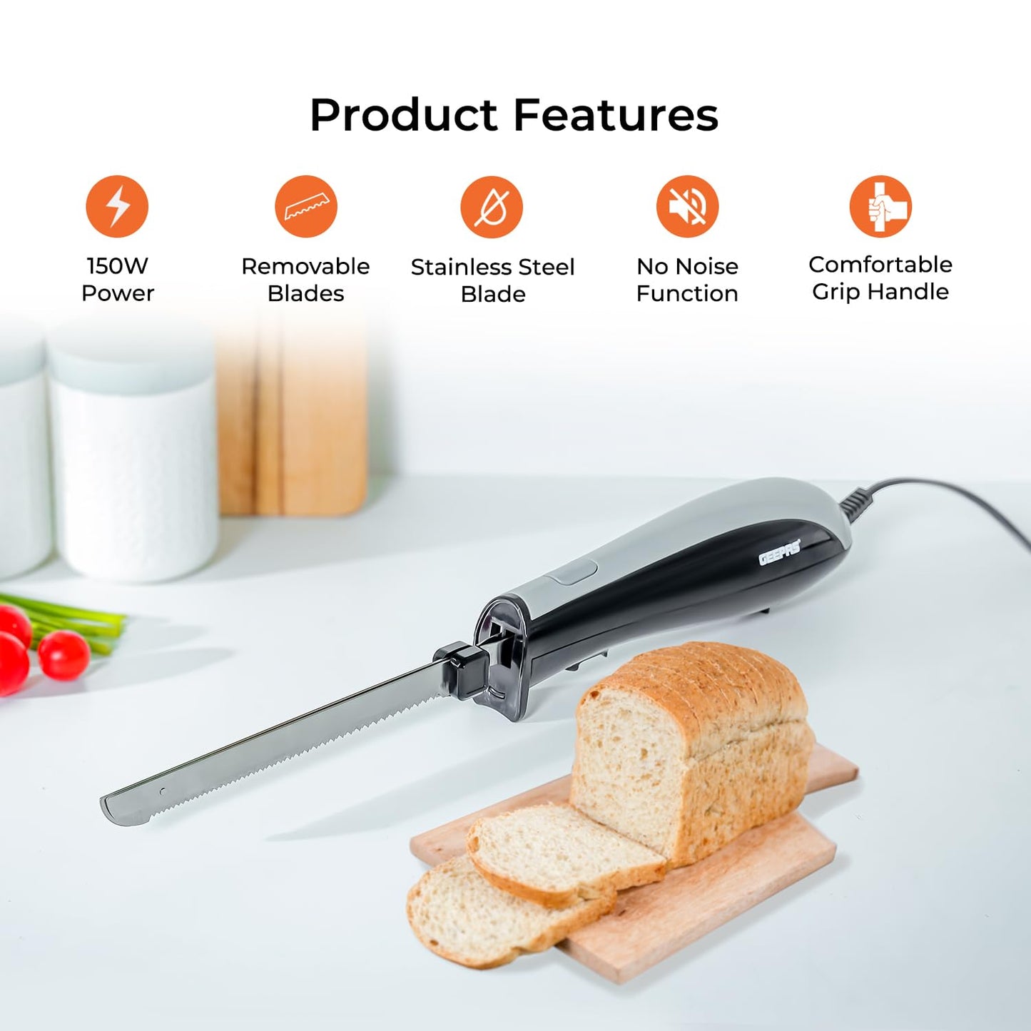 150W Electric Carving Knife in Black, Serrated Blade for Meat & Bread