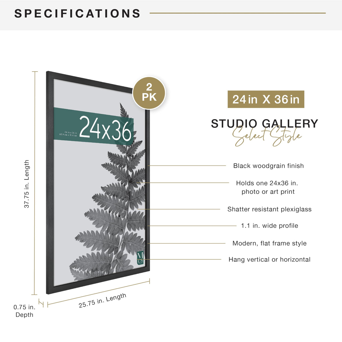 MCS Studio Gallery Frame Black 24x36 Picture Poster Art