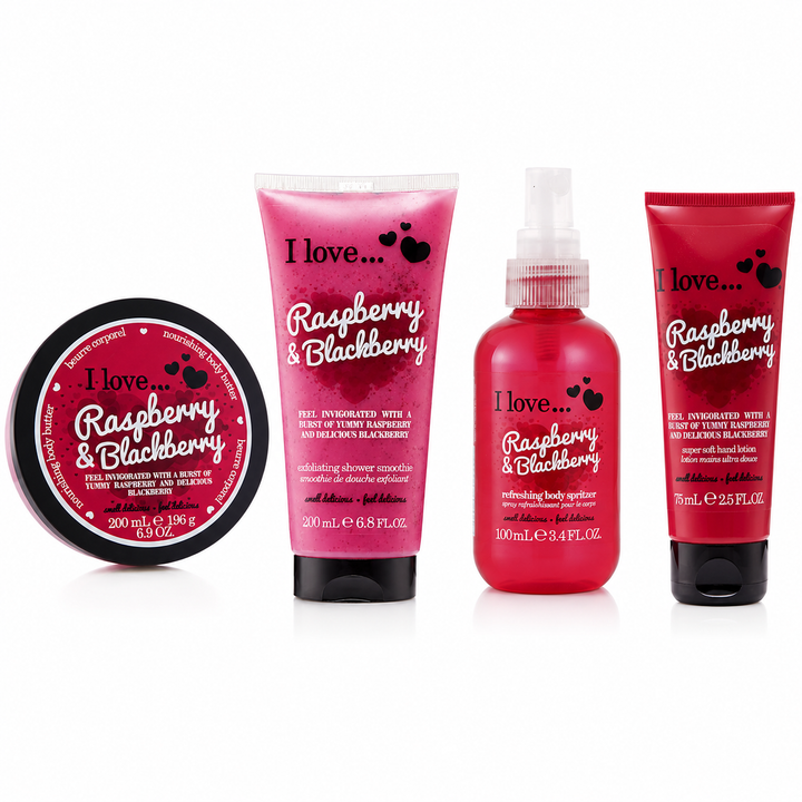 I LOVE Raspberry & Blackberry 4 Pack Bundle Fruity Hand & Body Care Pamper Set