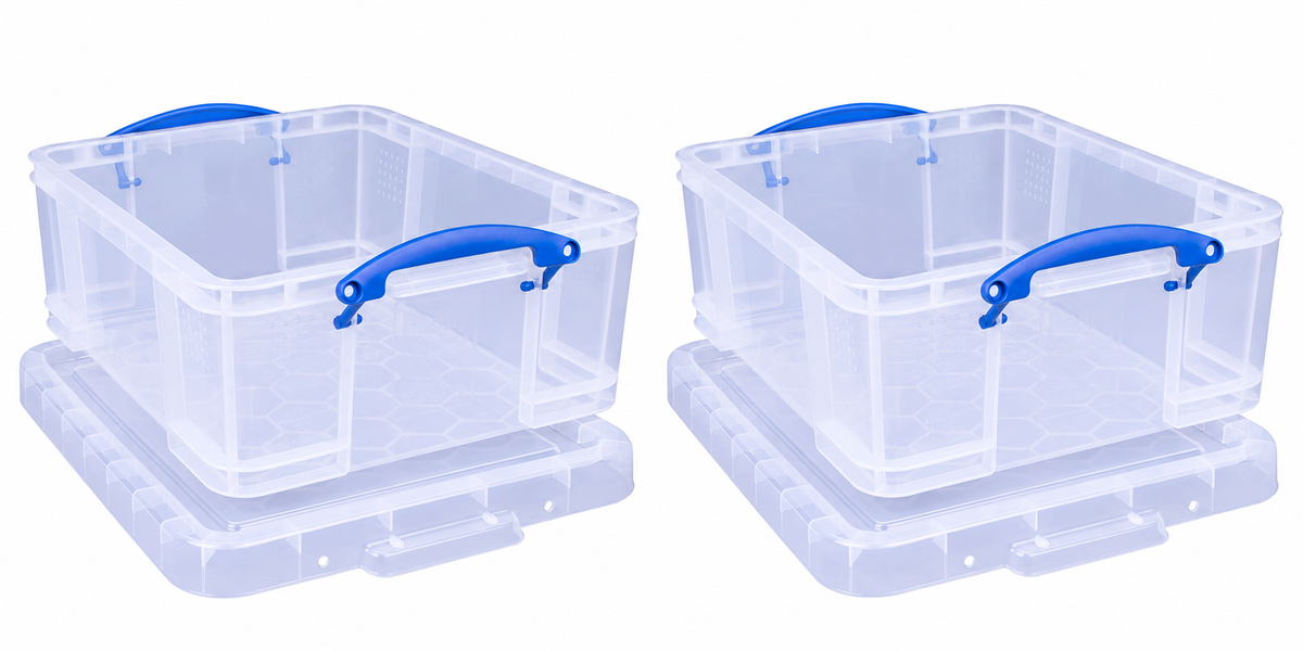 Really Useful Box 18 Litre Clear Plastic Storage Container 2x Pack with Clip Handles
